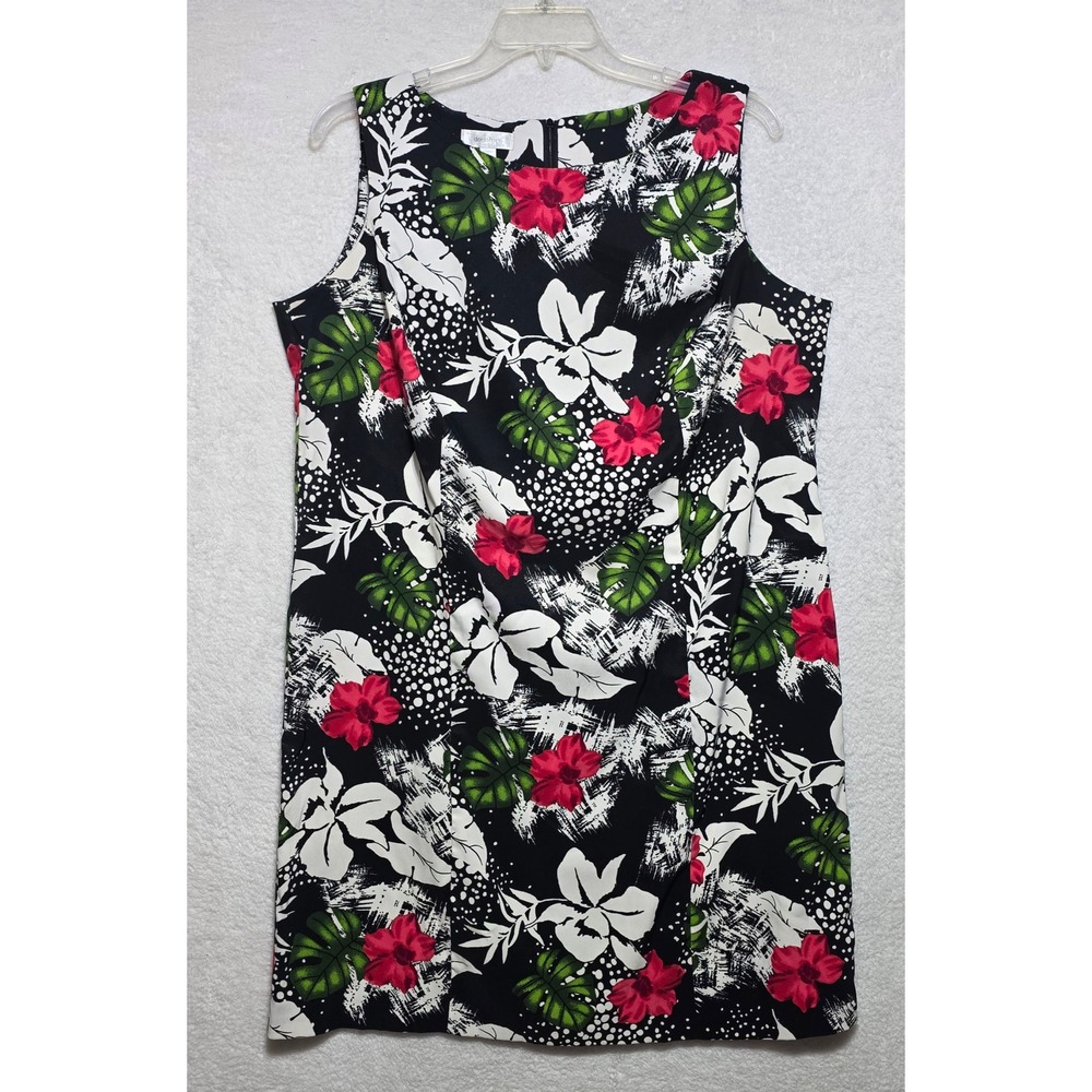 Dressbarn Women's 18W Tropical Floral Shift Dress Sleeveless Black Pink Hibiscus